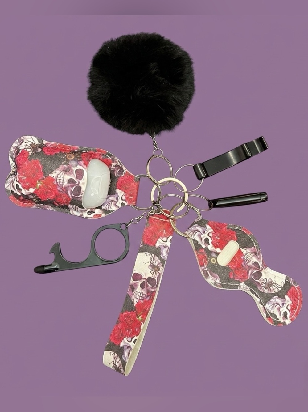Gothic Skull & Rose Self Defense Keychain Set with BBW Sanitizer